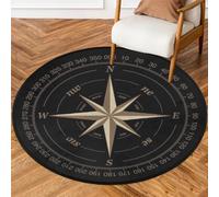 Compass Rose Round Area Rug, Artwork Black Non-Slip Circle Rug for Bedroom Living Room Outdoor Study Playing Floor Mat Carpet, 5.2' Diameter