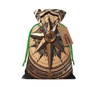 Compass Wind Road Map Christmas Gift Bags with Tags & Ribbon Ties, Xmas Drawstring Candy Treat Bag Christmas Gifts Sacks Reusable Gift Wrapping Bags for Holiday Party Favors Small