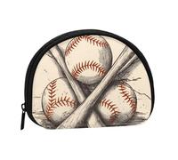 Compass Wind Road Map Mini Coin Purse Pouch Change Holder, Shell Shape Zip Around Wallet,Credit Card Holder for Women, Hand Drawn Baseball Bats and Ball, One Size, Classic