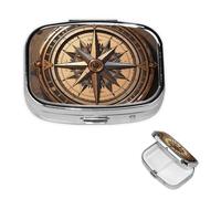 Compass Wind Road Map Pill Box 2 Compartment Square Portable Pill Case for Pocket or Purse Small Weekly Medicine Planner Travel Pillbox with Mirror Decorative Metal Vitamin Holder Gifts