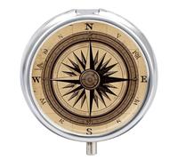 Compass Wind Road Map Portable Pill Box with 3 Compartments Travel Pill Box with Round Metal Mirror for Medication Storage, Medicine Box for Storing Vitamins and