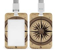 Compass Wind Road Map Sliding Id Badge Holder with Clear Window Vertical Card Protector Detachable Lanyard Hard Plastic Waterproof Cards Holder for Nurse Teacher Passes