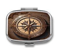 Compass Wind Road Map Small Pill Box for Purse Travel Essentials Metal Pill Case 2 Compartments Compact Medicine Container Portable Daily Pill Organizer for Vitamins Fish Oils