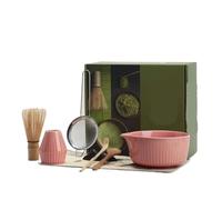 Compatible for 8-Piece Matcha Vertical-Pattern Kiln-Fired Kit Bowl Tea Ceremony Tools(Pink)