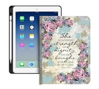 Compatible for Apple ipad Air 13 inch Case (M3 2025 /M2 2024)/12.9 inch Case (6th/5th/4th/3rd 2022/2021/2020/2018) with Pencil Holder Protective Tablet Cover,Bible Verses Proverbs 31:25,Pink Flower