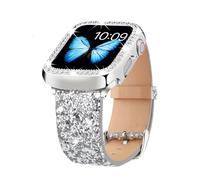 Compatible For Apple Watch Band with Bling Diamond Case 38mm 40mm 41mm 42mm 44mm 45mm 46mm 49mm, Women Glitter Leather Bands + Protective Case For iWatch Series 10 9 Ultra SE 8 7 6 5 4 3 2 1 (Silver,