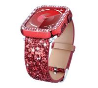 Compatible For Apple Watch Band with Bling Diamond Case 38mm 40mm 41mm 42mm 44mm 45mm 46mm 49mm, Women Glitter Leather Bands + Protective Case For iWatch Series 10 9 Ultra SE 8 7 6 5 4 3 2 1 (Red,