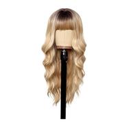 Compatible For Brown Wig With Bangs Long Wavy Mixed Blonde Highlight with Dark Roots Ombre Curly Synthetic Heat Resistant(LC1111-1)