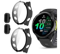 Compatible for Garmin Forerunner 970 Case with Dust Plug, Lamshaw Hard PC Case with Tempered Glass Screen Protector with Silicone Dust Plug Compatible with Garmin Forerunner 970 (2 Pack-Black+Black)