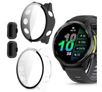 Compatible for Garmin Forerunner 970 Case with Dust Plug, Lamshaw Hard PC Case with Tempered Glass Screen Protector with Silicone Dust Plug Compatible with Garmin Forerunner 970 (2 Pack-Black+Clear)