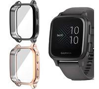 Compatible for Garmin Venu Sq Case, onetuo All-Around Protective TPU Bumper Cover Screen Protector Case Cover Compatible for Garmin Venu Sq Smartwatch (2 Pack-Black+Rose Gold)