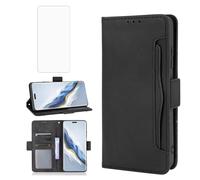 Compatible Huawei Honor Magic 6 Pro 5G Wallet Case and Tempered Glass Screen Protector Card Holder Stand Leather Flip Cell Accessories Phone Cover for Hawaii Magic6 Pro Magic6Pro Women Men Black