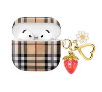 Compatible with AirPod 4,2024, The Full-Protection Shockproof Wireless Earphone case Comes with a Cute and Beautiful Strawberry Keychain Pendant, Suitable for Ladies（Checkered red Strawberries）