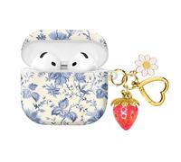 Compatible with AirPod 4,2024, The Full-Protection Shockproof Wireless Earphone case Comes with a Cute and Beautiful Strawberry Keychain Pendant, Suitable for Ladies（Flowers Red Strawberries）