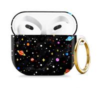 Compatible with AirPod 4 Case 2024, Cute Hard Plastic Protective Cover for Airpod 4th Generation Women, Shockproof Shell Skin with Gold Ring Keychain,Space Planet Stars Galaxy Cosmos Universe
