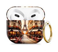 Compatible with AirPod 4 Case 2024, Cute Hard Plastic Protective Cover for Airpod 4th Generation Women, Shockproof Shell Skin with Gold Ring Keychain,Parisian Street Autumn Eiffel Tower Cafe