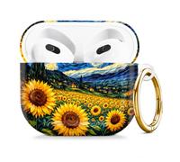 Compatible with AirPod 4 Case 2024, Cute Hard Plastic Protective Cover for Airpod 4th Generation Women, Shockproof Shell Skin with Gold Ring Keychain,Starry Night Sunflower Field