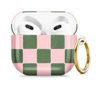 Compatible with AirPod 4 Case 2024, Cute Hard Plastic Protective Cover for Airpod 4th Generation Women, Shockproof Shell Skin with Gold Ring Keychain,Pink Green Checkerboard