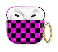 Compatible with AirPod 4 Case 2024, Cute Hard Plastic Protective Cover for Airpod 4th Generation Women, Shockproof Shell Skin with Gold Ring Keychain,Purple Black Checkerboard