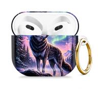 Compatible with AirPod 4 Case 2024, Cute Hard Plastic Protective Cover for Airpod 4th Generation Women, Shockproof Shell Skin with Gold Ring Keychain,Wolf Forest Mountains