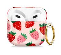 Compatible with AirPod 4 Case 2024, Cute Hard Plastic Protective Cover for Airpod 4th Generation Women, Shockproof Shell Skin with Gold Ring Keychain,Strawberry Artwork