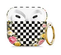 Compatible with AirPod 4 Case 2024, Cute Hard Plastic Protective Cover for Airpod 4th Generation Women, Shockproof Shell Skin with Gold Ring Keychain,Floral Checkerboard