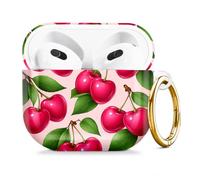 Compatible with AirPod 4 Case 2024, Cute Hard Plastic Protective Cover for Airpod 4th Generation Women, Shockproof Shell Skin with Gold Ring Keychain,Cherry Green Leaf