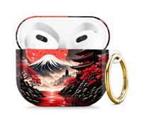 Compatible with AirPod 4 Case 2024, Cute Hard Plastic Protective Cover for Airpod 4th Generation Women, Shockproof Shell Skin with Gold Ring Keychain,Red Moon Mountain Pagoda