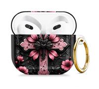 Compatible with AirPod 4 Case 2024, Cute Hard Plastic Protective Cover for Airpod 4th Generation Women, Shockproof Shell Skin with Gold Ring Keychain,Floral Cross Pink Black