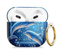 Compatible with AirPod 4 Case 2024, Cute Hard Plastic Protective Cover for Airpod 4th Generation Women, Shockproof Shell Skin with Gold Ring Keychain,Dolphin Stars Blue
