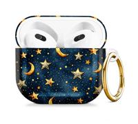 Compatible with AirPod 4 Case 2024, Cute Hard Plastic Protective Cover for Airpod 4th Generation Women, Shockproof Shell Skin with Gold Ring Keychain,Golden Star Moon