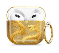 Compatible with AirPod 4 Case 2024, Cute Hard Plastic Protective Cover for Airpod 4th Generation Women, Shockproof Shell Skin with Gold Ring Keychain,Golden Dragon