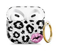 Compatible with AirPod 4 Case 2024, Cute Hard Plastic Protective Cover for Airpod 4th Generation Women, Shockproof Shell Skin with Gold Ring Keychain,Black Leopard Pink Lips