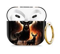 Compatible with AirPod 4 Case 2024, Cute Hard Plastic Protective Cover for Airpod 4th Generation Women, Shockproof Shell Skin with Gold Ring Keychain,Mystic Forest Deer