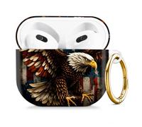 Compatible with AirPod 4 Case 2024, Cute Hard Plastic Protective Cover for Airpod 4th Generation Women, Shockproof Shell Skin with Gold Ring Keychain,American Eagle Flag
