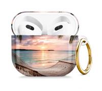 Compatible with AirPod 4 Case 2024, Cute Hard Plastic Protective Cover for Airpod 4th Generation Women, Shockproof Shell Skin with Gold Ring Keychain,Tropical Sunset Beach Palm