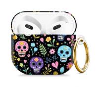 Compatible with AirPod 4 Case 2024, Cute Hard Plastic Protective Cover for Airpod 4th Generation Women, Shockproof Shell Skin with Gold Ring Keychain,Colorful Skull Flower Leaf Heart Dot