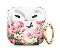 Compatible with AirPod 4 Case 2024, Cute Hard Plastic Protective Cover for Airpod 4th Generation Women, Shockproof Shell Skin with Gold Ring Keychain,Pink Flowers Butterfly Green Leaf