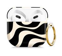 Compatible with AirPod 4 Case 2024, Cute Hard Plastic Protective Cover for Airpod 4th Generation Women, Shockproof Shell Skin with Gold Ring Keychain,Abstract Wavy Black Beige