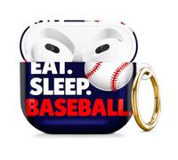 Compatible with AirPod 4 Case 2024, Cute Hard Plastic Protective Cover for Airpod 4th Generation Women, Shockproof Shell Skin with Gold Ring Keychain,Eat Sleep Baseball