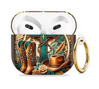 Compatible with AirPod 4 Case 2024, Cute Hard Plastic Protective Cover for Airpod 4th Generation Women, Shockproof Shell Skin with Gold Ring Keychain,Western Cross Boots Hat Roses