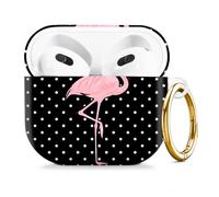 Compatible with AirPod 4 Case 2024, Cute Hard Plastic Protective Cover for Airpod 4th Generation Women, Shockproof Shell Skin with Gold Ring Keychain,Pink Flamingo Black Polka Dot