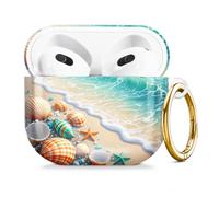 Compatible with AirPod 4 Case 2024, Cute Hard Plastic Protective Cover for Airpod 4th Generation Women, Shockproof Shell Skin with Gold Ring Keychain,Beach Waves Shell Starfish Sunlight Sand