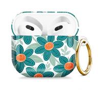 Compatible with AirPod 4 Case 2024, Cute Hard Plastic Protective Cover for Airpod 4th Generation Women, Shockproof Shell Skin with Gold Ring Keychain,Teal Flowers