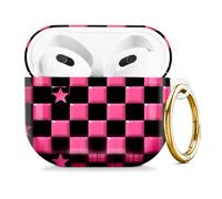 Compatible with AirPod 4 Case 2024, Cute Hard Plastic Protective Cover for Airpod 4th Generation Women, Shockproof Shell Skin with Gold Ring Keychain,Pink Black Checkerboard Stars