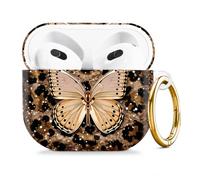 Compatible with AirPod 4 Case 2024, Cute Hard Plastic Protective Cover for Airpod 4th Generation Women, Shockproof Shell Skin with Gold Ring Keychain,Leopard Butterfly