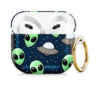 Compatible with AirPod 4 Case 2024, Cute Hard Plastic Protective Cover for Airpod 4th Generation Women, Shockproof Shell Skin with Gold Ring Keychain,Alien UFO