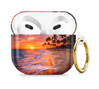 Compatible with AirPod 4 Case 2024, Cute Hard Plastic Protective Cover for Airpod 4th Generation Women, Shockproof Shell Skin with Gold Ring Keychain,Tropical Sunset Beach Palm Trees Ocean Waves