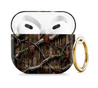 Compatible with AirPod 4 Case 2024, Cute Hard Plastic Protective Cover for Airpod 4th Generation Women, Shockproof Shell Skin with Gold Ring Keychain,Wood Branch Leaf Camouflage