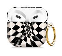 Compatible with AirPod 4 Case 2024, Cute Hard Plastic Protective Cover for Airpod 4th Generation Women, Shockproof Shell Skin with Gold Ring Keychain,Checkerboard Distorted Lines